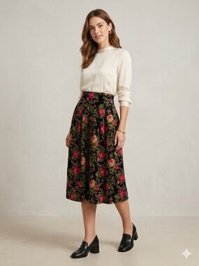 HERMAN GEIST VINTAGE VELVET COTTON Floral Midi Skirt